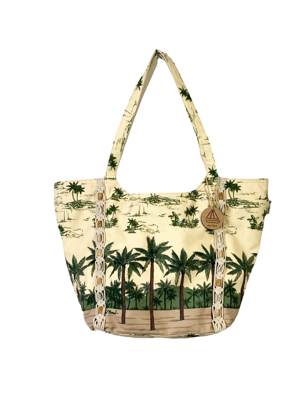NWT PAUL BRENT Tote Bag 21x14x6 Cream & Green Palm-Print Canvas